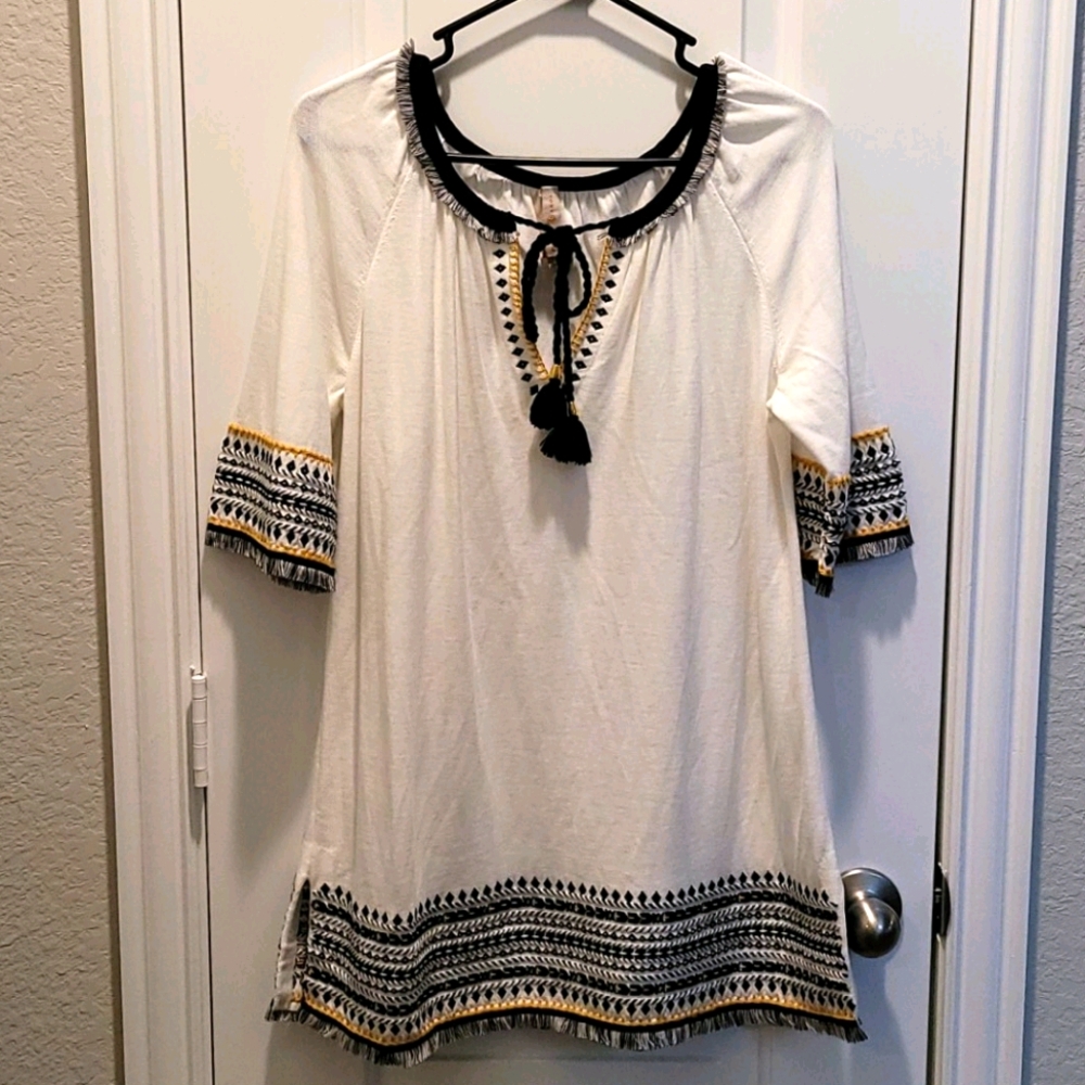 Tory Burch White Dress with black & yellow embroid